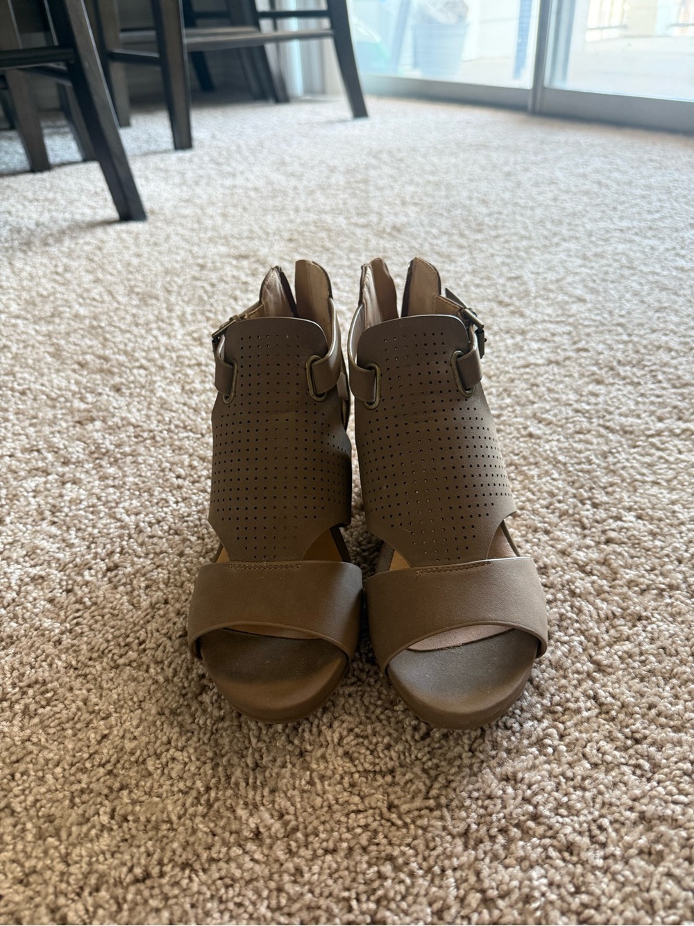 Market & Spruce Taupe Perforated Open-Toe Wedge Heels